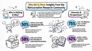 Reincarnation Research visitor survey findings: 50% arrive with a personal past-life experience, 58% seek case stories and education, 75% rank Life Between Lives as their top interest, 42% prefer an evidence-first approach.